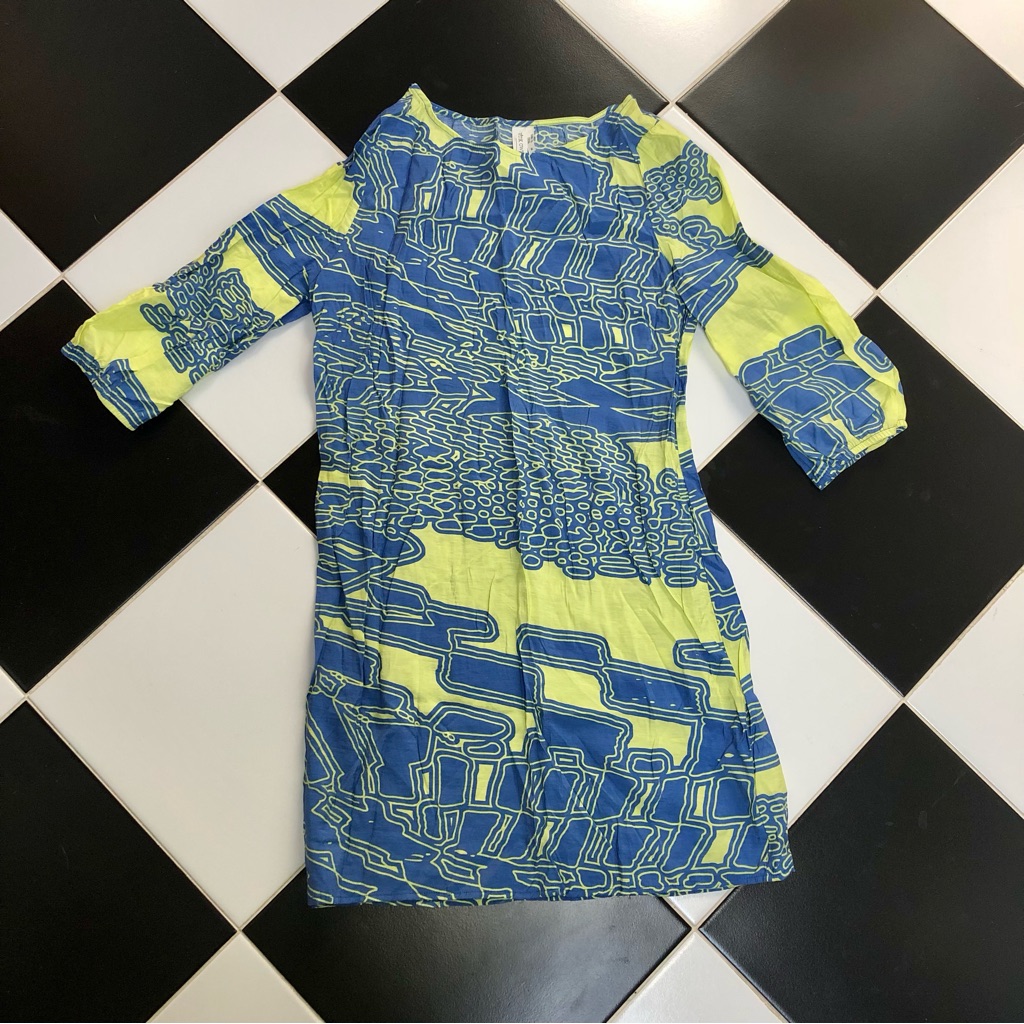 Pink Owl Swirly Abstract Mini Dress Lime Yellow Green Blue Dress Unique Aop Sz M